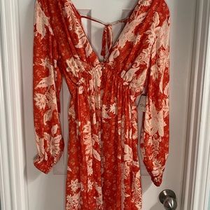FREE PEOPLE Dress Mini Red Womens Soli Plunge Neck Long Sleeve Size XS NEW
